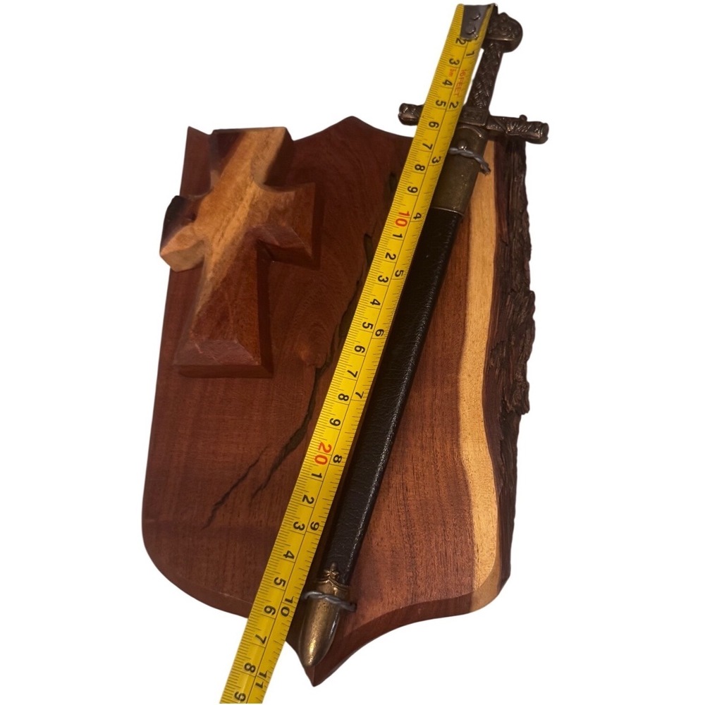 Handmade Live Edge Wood Shield Carved Cross & Replica Sword Letter Opener Gothic - Picture 5 of 10